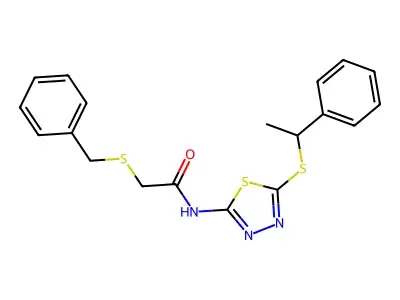 2-benzylsulfanyl-N-[5-(1-phenylethylsulfanyl)-1,3,4-thiadiazol-2-yl]acetamide structure