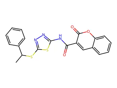 2-oxo-N-(5-((1-phenylethyl)thio)-1,3,4-thiadiazol-2-yl)-2H-chromene-3-carboxamide structure