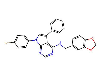 N-(1,3-benzodioxol-5-ylmethyl)-7-(4-bromophenyl)-5-phenyl-7H-pyrrolo[2,3-d]pyrimidin-4-amine structure