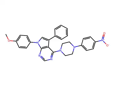 1-[7-(4-methoxyphenyl)-5-phenyl-7H-pyrrolo[2,3-d]pyrimidin-4-yl]-4-(4-nitrophenyl)piperazine structure