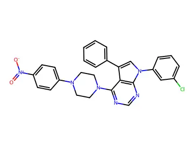 1-[7-(3-chlorophenyl)-5-phenyl-7H-pyrrolo[2,3-d]pyrimidin-4-yl]-4-(4-nitrophenyl)piperazine structure