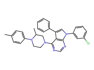 4-[7-(3-chlorophenyl)-5-phenyl-7H-pyrrolo[2,3-d]pyrimidin-4-yl]-2-methyl-1-(4-methylphenyl)piperazine structure