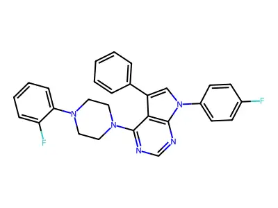 1-(2-fluorophenyl)-4-[7-(4-fluorophenyl)-5-phenyl-7H-pyrrolo[2,3-d]pyrimidin-4-yl]piperazine structure