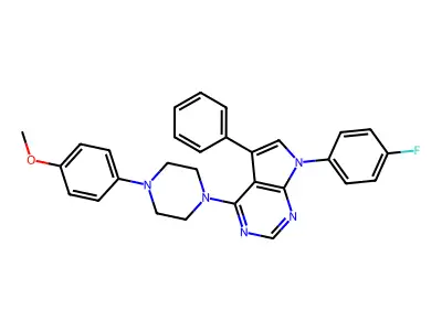 1-[7-(4-fluorophenyl)-5-phenyl-7H-pyrrolo[2,3-d]pyrimidin-4-yl]-4-(4-methoxyphenyl)piperazine structure