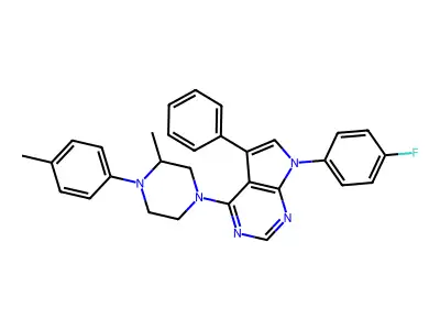 4-[7-(4-fluorophenyl)-5-phenyl-7H-pyrrolo[2,3-d]pyrimidin-4-yl]-2-methyl-1-(4-methylphenyl)piperazine structure