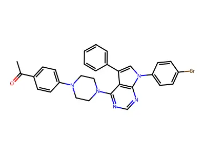 1-(4-(4-(7-(4-bromophenyl)-5-phenyl-7H-pyrrolo[2,3-d]pyrimidin-4-yl)piperazin-1-yl)phenyl)ethanone structure