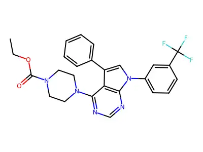 ethyl 4-{5-phenyl-7-[3-(trifluoromethyl)phenyl]-7H-pyrrolo[2,3-d]pyrimidin-4-yl}piperazine-1-carboxylate structure