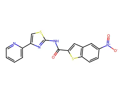 5-nitro-N-(4-(pyridin-2-yl)thiazol-2-yl)benzo[b]thiophene-2-carboxamide structure