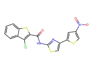 3-chloro-N-[4-(4-nitrothiophen-2-yl)-1,3-thiazol-2-yl]-1-benzothiophene-2-carboxamide structure