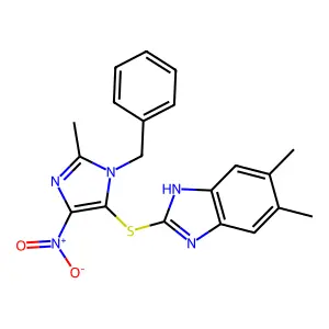 2-(3-benzyl-2-methyl-5-nitroimidazol-4-yl)sulfanyl-5,6-dimethyl-1H-benzimidazole structure