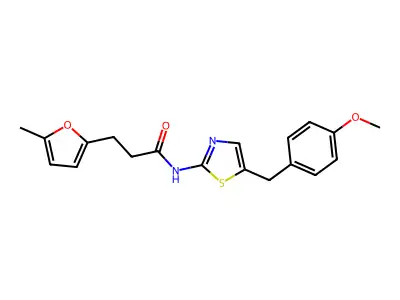 N-(5-(4-methoxybenzyl)thiazol-2-yl)-3-(5-methylfuran-2-yl)propanamide structure