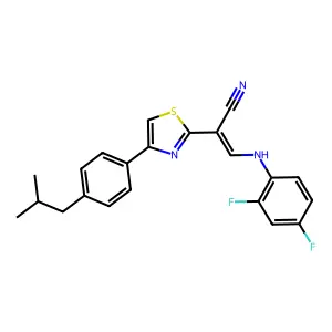 (E)-3-((2,4-difluorophenyl)amino)-2-(4-(4-isobutylphenyl)thiazol-2-yl)acrylonitrile structure