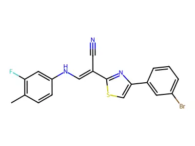 (Z)-2-(4-(3-bromophenyl)thiazol-2-yl)-3-((3-fluoro-4-methylphenyl)amino)acrylonitrile structure