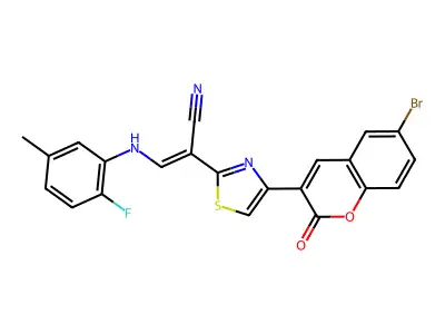 (2Z)-2-[4-(6-bromo-2-oxo-2H-chromen-3-yl)-1,3-thiazol-2-yl]-3-[(2-fluoro-5-methylphenyl)amino]prop-2-enenitrile structure