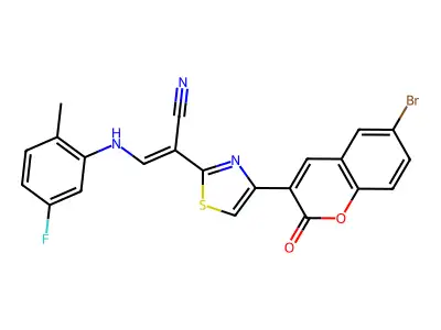(2Z)-2-[4-(6-bromo-2-oxo-2H-chromen-3-yl)-1,3-thiazol-2-yl]-3-[(5-fluoro-2-methylphenyl)amino]prop-2-enenitrile structure