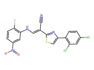 (Z)-2-(4-(2,4-dichlorophenyl)thiazol-2-yl)-3-((2-fluoro-5-nitrophenyl)amino)acrylonitrile structure