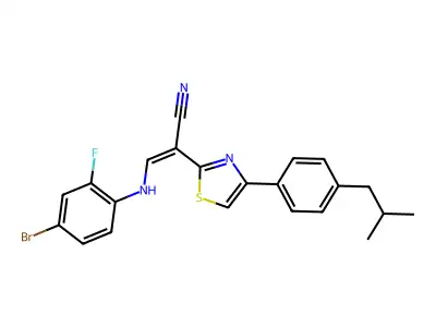 (E)-3-((4-bromo-2-fluorophenyl)amino)-2-(4-(4-isobutylphenyl)thiazol-2-yl)acrylonitrile structure