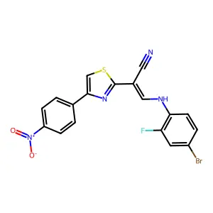 (E)-3-((4-bromo-2-fluorophenyl)amino)-2-(4-(4-nitrophenyl)thiazol-2-yl)acrylonitrile structure
