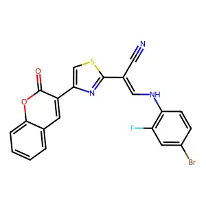 (2E)-3-[(4-bromo-2-fluorophenyl)amino]-2-[4-(2-oxo-2H-chromen-3-yl)-1,3-thiazol-2-yl]prop-2-enenitrile structure