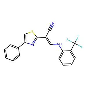 (E)-2-(4-phenylthiazol-2-yl)-3-((2-(trifluoromethyl)phenyl)amino)acrylonitrile structure