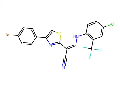 (2E)-2-[4-(4-bromophenyl)-1,3-thiazol-2-yl]-3-{[4-chloro-2-(trifluoromethyl)phenyl]amino}prop-2-enenitrile structure