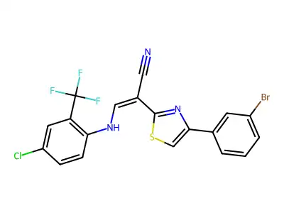 (E)-2-(4-(3-bromophenyl)thiazol-2-yl)-3-((4-chloro-2-(trifluoromethyl)phenyl)amino)acrylonitrile structure