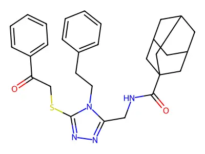 (1S,3s)-N-((5-((2-oxo-2-phenylethyl)thio)-4-phenethyl-4H-1,2,4-triazol-3-yl)methyl)adamantane-1-carboxamide structure