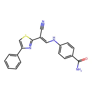 (E)-4-((2-cyano-2-(4-phenylthiazol-2-yl)vinyl)amino)benzamide structure
