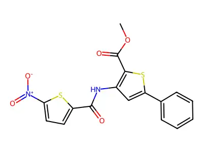 Methyl 3-(5-nitrothiophene-2-carboxamido)-5-phenylthiophene-2-carboxylate structure