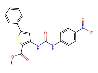 Methyl 3-(3-(4-nitrophenyl)ureido)-5-phenylthiophene-2-carboxylate structure