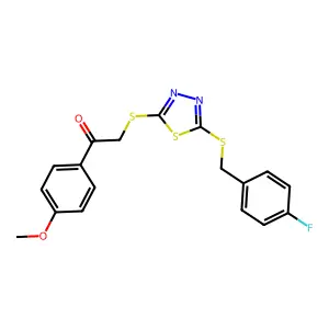 2-((5-((4-F-Benzyl)thio)-1,3,4-thiadiazol-2-YL)thio)-1-(4-methoxyphenyl)ethanone structure