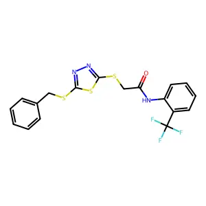 2-((5-(Benzylthio)-1,3,4-thiadiazol-2-YL)thio)N-(2-(trifluoromethyl)PH)acetamide structure