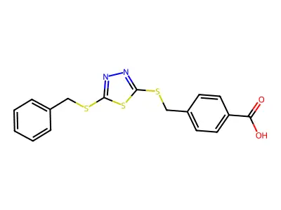 4-(((5-(Benzylthio)-1,3,4-thiadiazol-2-YL)thio)methyl)benzoic acid structure