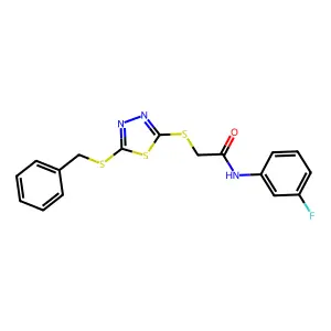 2-((5-(Benzylthio)-1,3,4-thiadiazol-2-YL)thio)-N-(3-fluorophenyl)acetamide structure