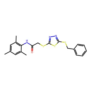 2-((5-(Benzylthio)-1,3,4-thiadiazol-2-YL)thio)-N-mesitylacetamide structure