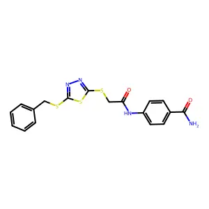 4-((((5-(Benzylthio)-1,3,4-thiadiazol-2-YL)thio)acetyl)amino)benzamide structure