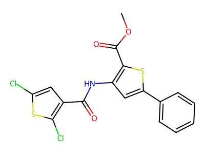 Methyl 3-(2,5-dichlorothiophene-3-carboxamido)-5-phenylthiophene-2-carboxylate structure