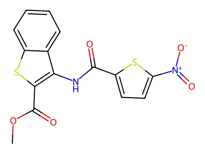 Methyl 3-(5-nitrothiophene-2-carboxamido)benzo[b]thiophene-2-carboxylate structure