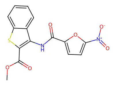 Methyl 3-(5-nitrofuran-2-carboxamido)benzo[b]thiophene-2-carboxylate structure