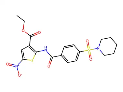Ethyl 5-nitro-2-(4-(piperidin-1-ylsulfonyl)benzamido)thiophene-3-carboxylate structure