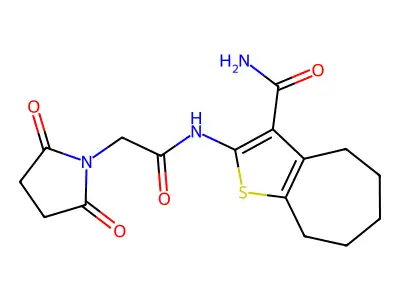 2-[2-(2,5-dioxopyrrolidin-1-yl)acetamido]-4H,5H,6H,7H,8H-cyclohepta[b]thiophene-3-carboxamide structure