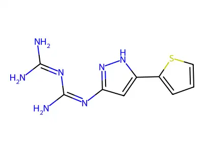 1-(diaminomethylidene)-2-(5-thiophen-2-yl-1H-pyrazol-3-yl)guanidine structure