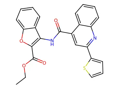 Ethyl 3-(2-(thiophen-2-yl)quinoline-4-carboxamido)benzofuran-2-carboxylate structure