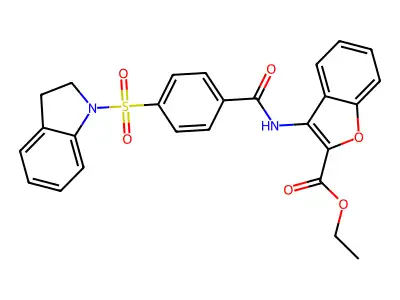 Ethyl 3-(4-(indolin-1-ylsulfonyl)benzamido)benzofuran-2-carboxylate structure