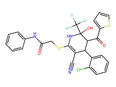 2-((4-(2-chlorophenyl)-3-cyano-6-hydroxy-5-(thiophene-2-carbonyl)-6-(trifluoromethyl)-1,4,5,6-tetrahydropyridin-2-yl)thio)-N-phenylacetamide structure