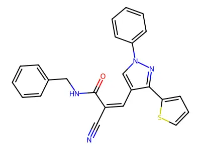 (Z)-N-Benzyl-2-cyano-3-(1-phenyl-3-thiophen-2-ylpyrazol-4-yl)prop-2-enamide structure