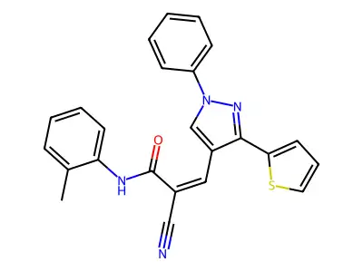 (Z)-2-Cyano-N-(2-methylphenyl)-3-(1-phenyl-3-thiophen-2-ylpyrazol-4-yl)prop-2-enamide structure