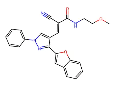 (E)-3-[3-(1-benzofuran-2-yl)-1-phenylpyrazol-4-yl]-2-cyano-N-(2-methoxyethyl)prop-2-enamide structure