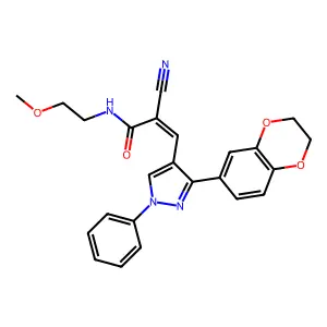 (E)-2-cyano-3-[3-(2,3-dihydro-1,4-benzodioxin-6-yl)-1-phenylpyrazol-4-yl]-N-(2-methoxyethyl)prop-2-enamide structure