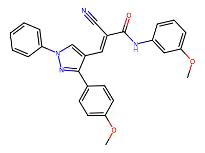 (E)-2-cyano-N-(3-methoxyphenyl)-3-[3-(4-methoxyphenyl)-1-phenylpyrazol-4-yl]prop-2-enamide structure